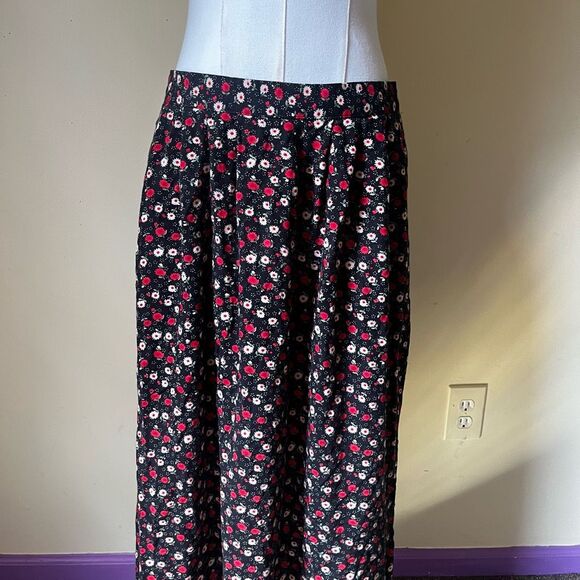 Vintage 90s Black Floral Midi Skirt Elastic Waist W/ Pockets Made in USA Medium - Picture 2 of 6